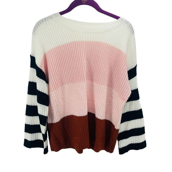 Women's Striped Sweater Long Sleeve Pullover Knitted Rib Lounge Pink Size Small - Picture 8 of 10